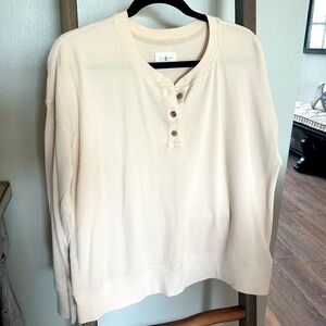 Lou & Grey Top Cream Waffle Stitch Knit Henley Thermal Long Sleeve